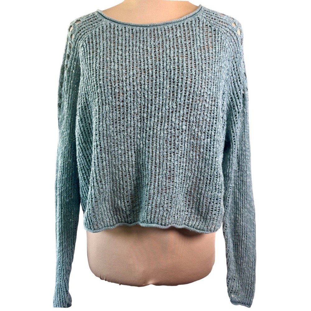 Billabong Sweater Blue Crochet Boho Beachy Fall Layering Open Knit Cropped Large